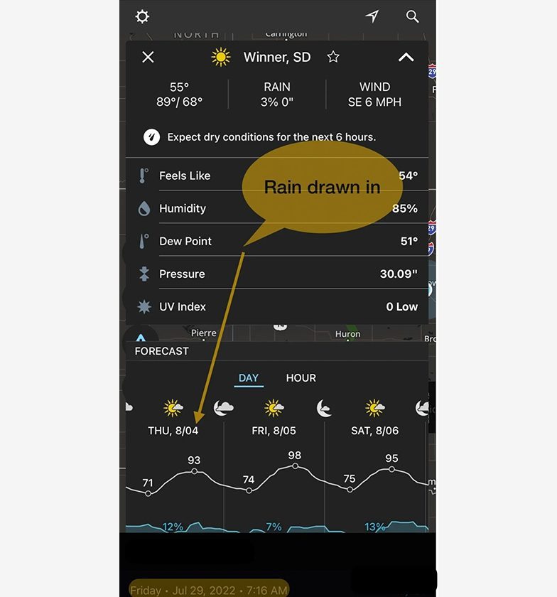 A phone screen with the weather app open.